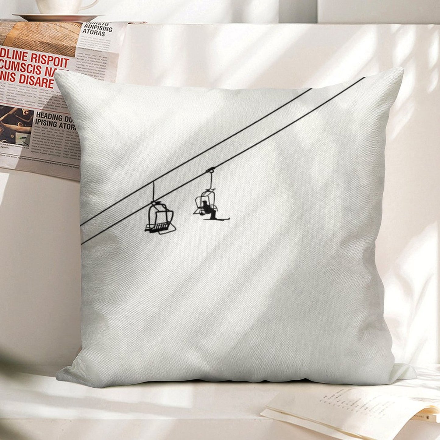 Ski Lift Black And White Linen Throw Pillow Cover