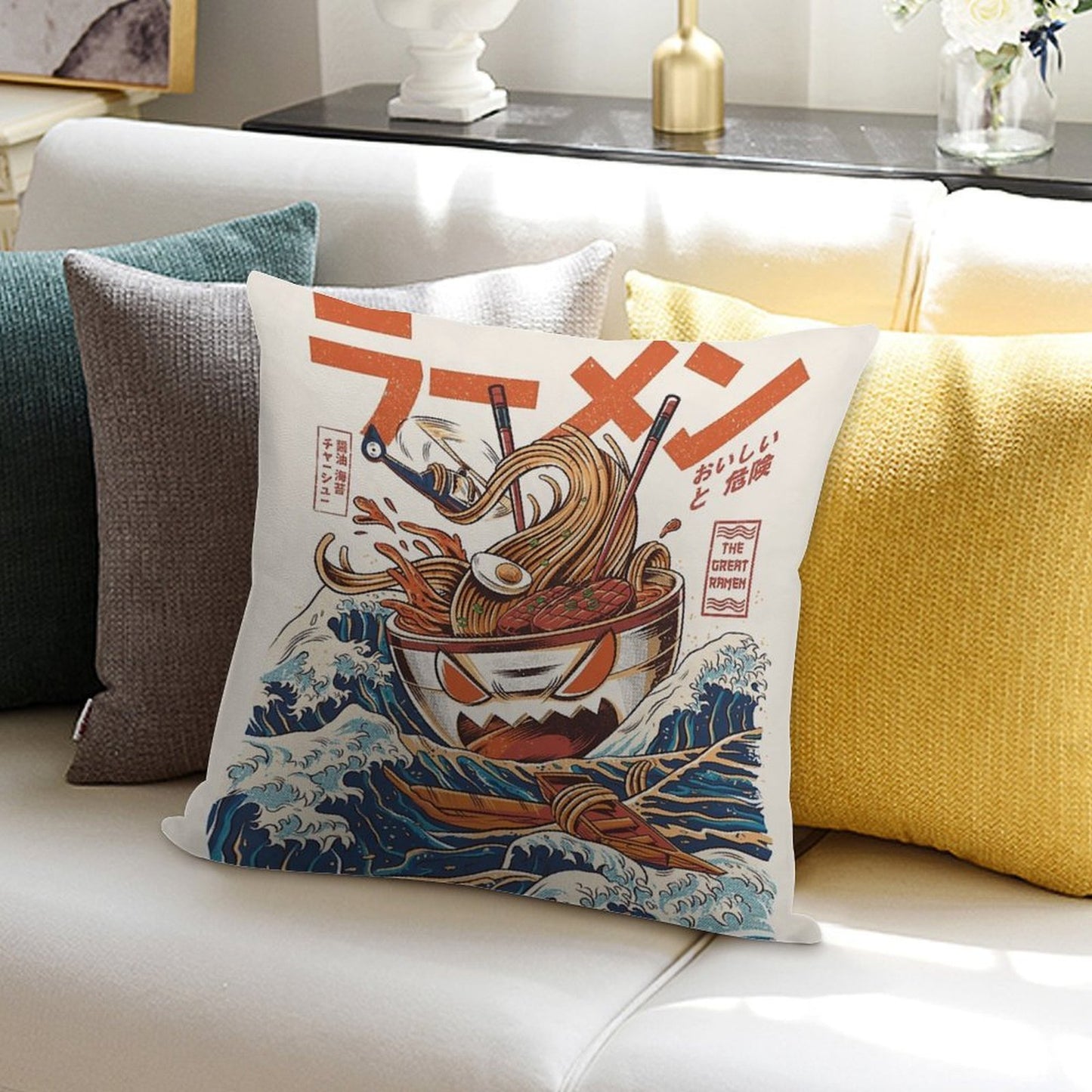 The Great Ramen Off Kanagawa Soft Shrink-Resistant Throw Pillow