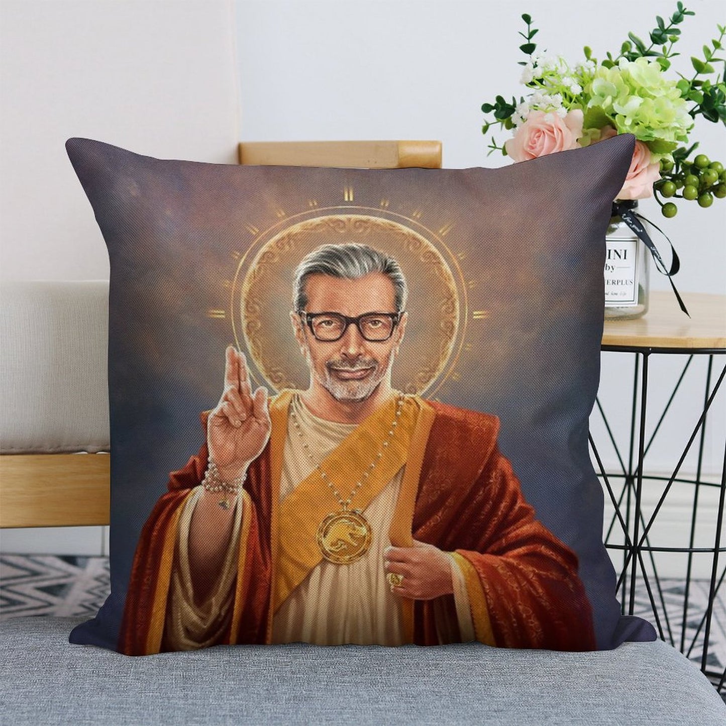 Saint Jeff of Goldblum, Jeff Goldblum Original Religious Painting Linen Throw Pillow Cover