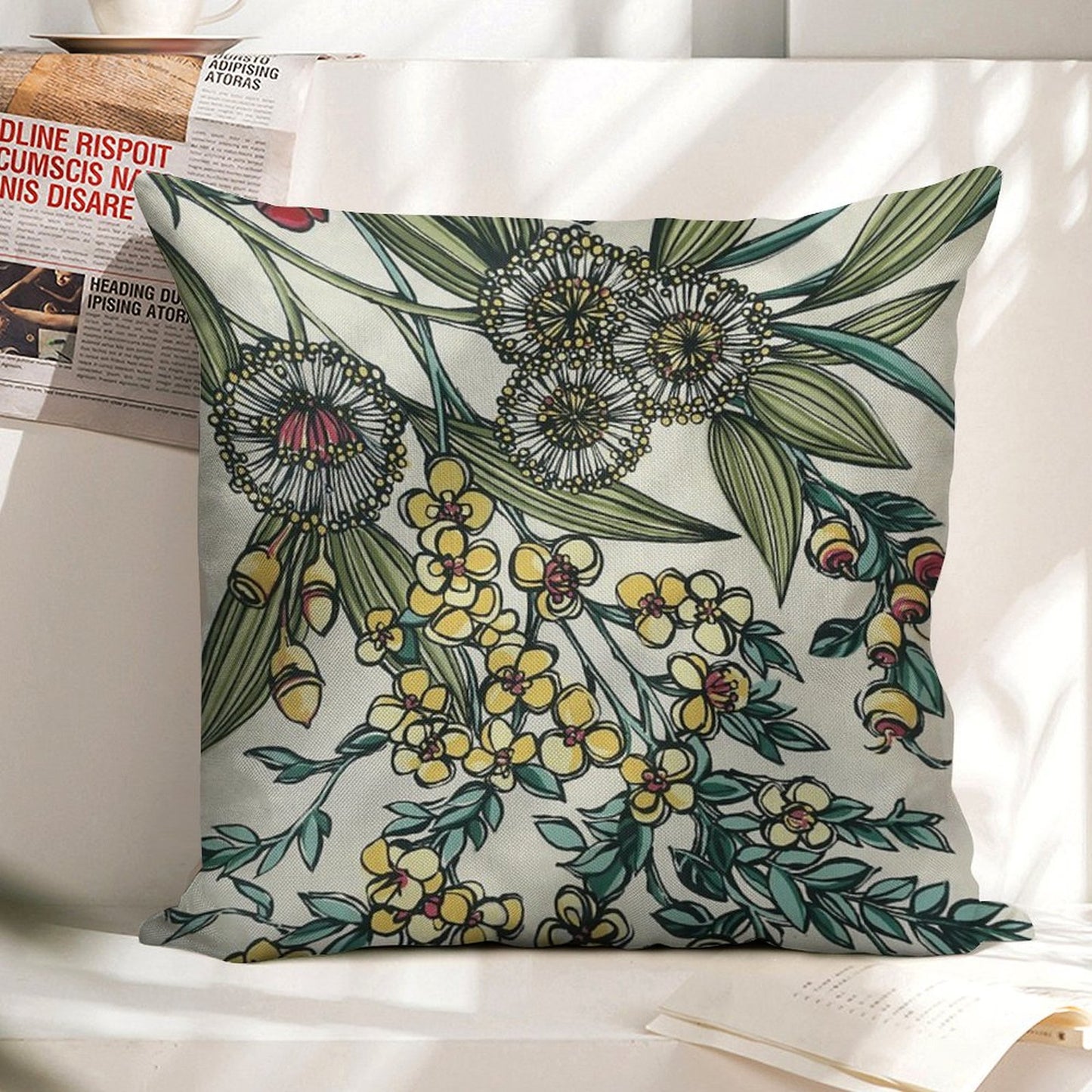 Retro Australian Native Floral Linen Throw Pillow Cover