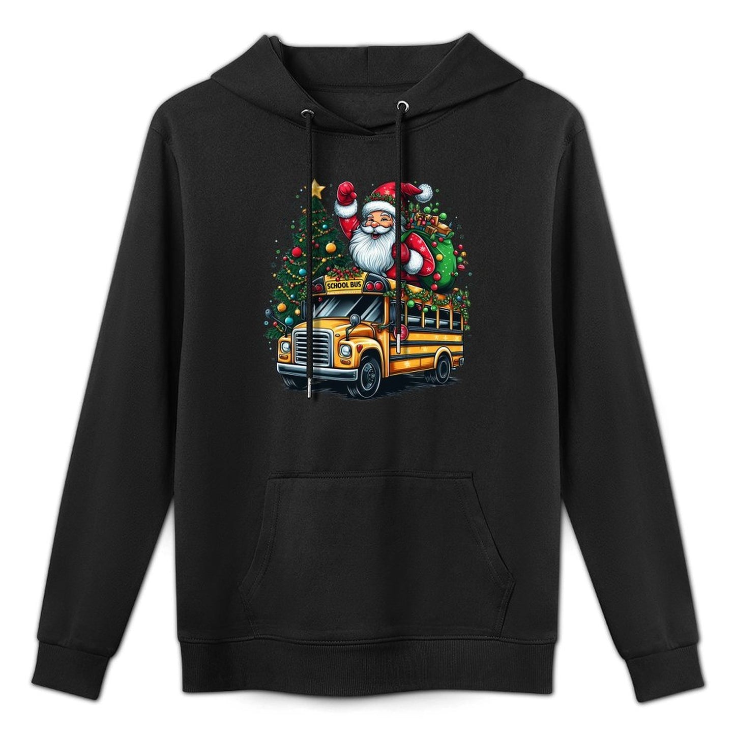 Santa Claus Riding School Bus Driver Christmas Tree Graphic Relaxed Fit Hoodie