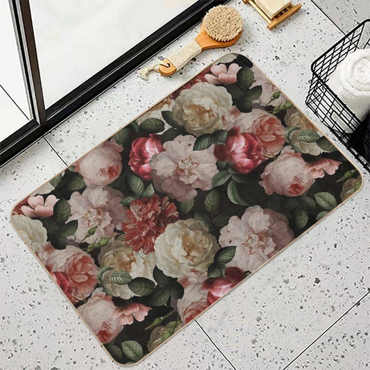 Antique Jan Davidsz. De Heem Lush Roses Flowers On Black Botanical Night GardenPattern Nightgarden Bath Mat