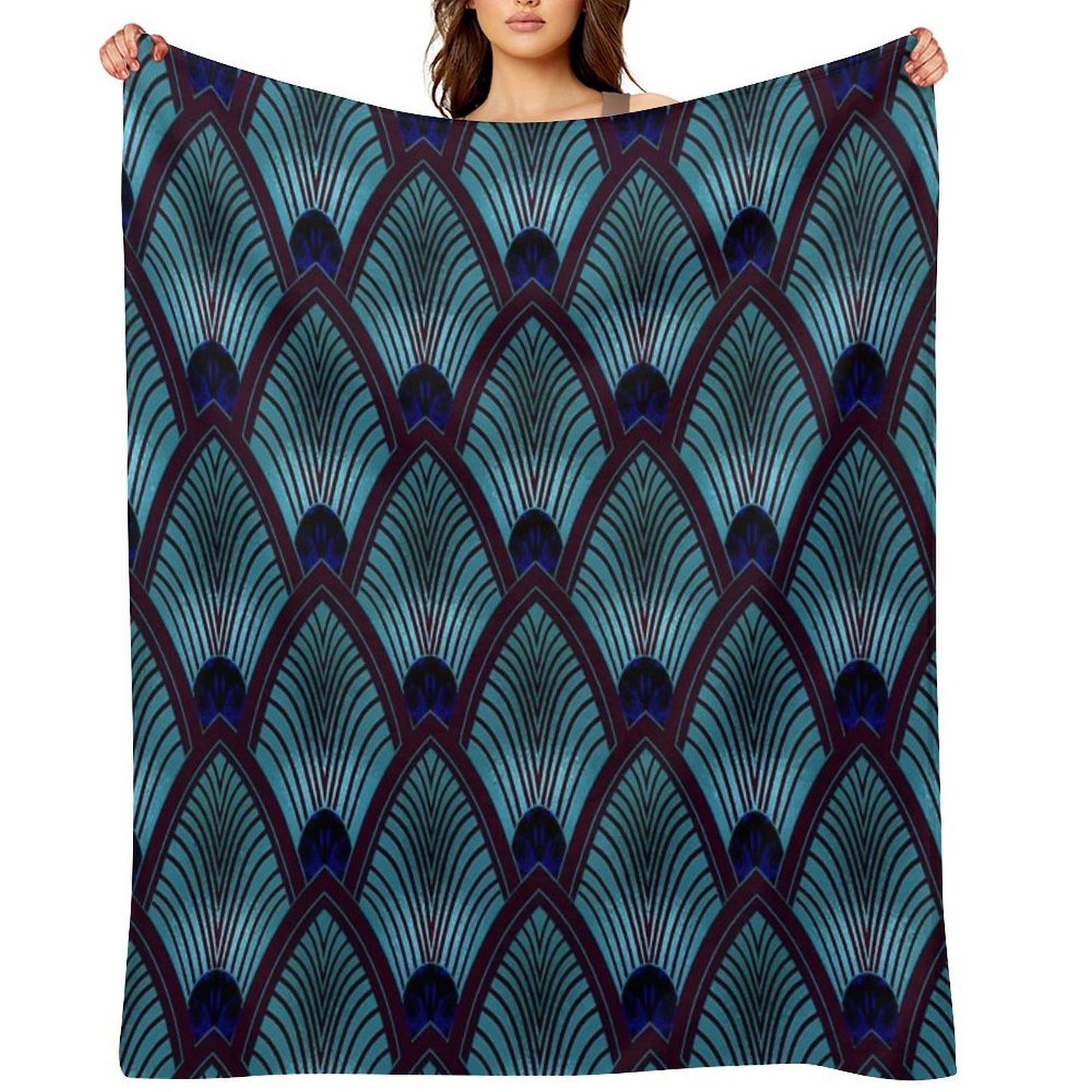 Art Deco Sunburst Fan in Metallic Blue Throw Blanket