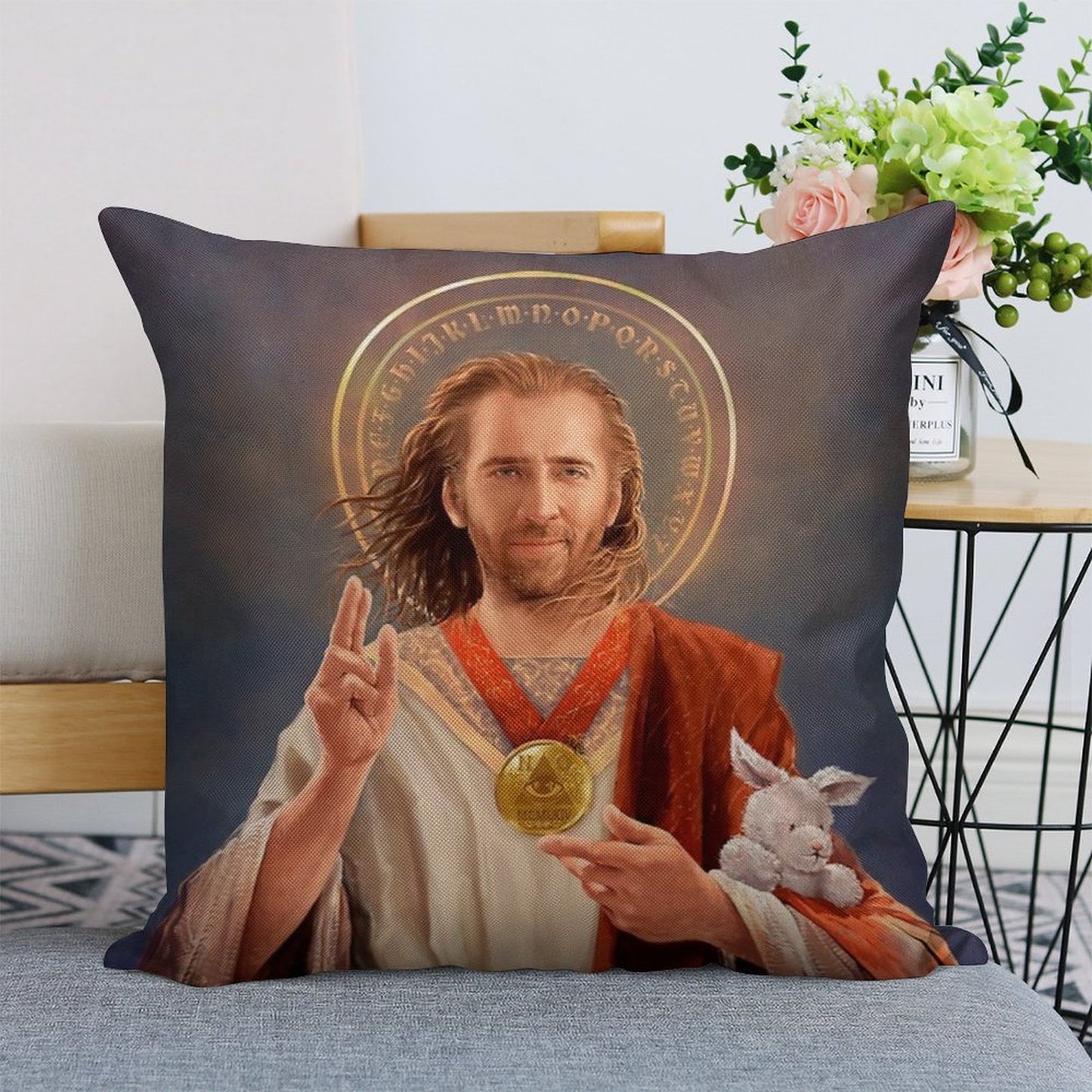 Nicolas Cage, Saint Nicolas of Cage, Nic Cage Original Religious Painting Linen Throw Pillow Cover