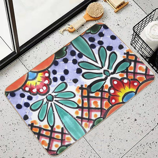 Colorful Talavera, Orange Accent, Mexican Tile Design Bath Mat