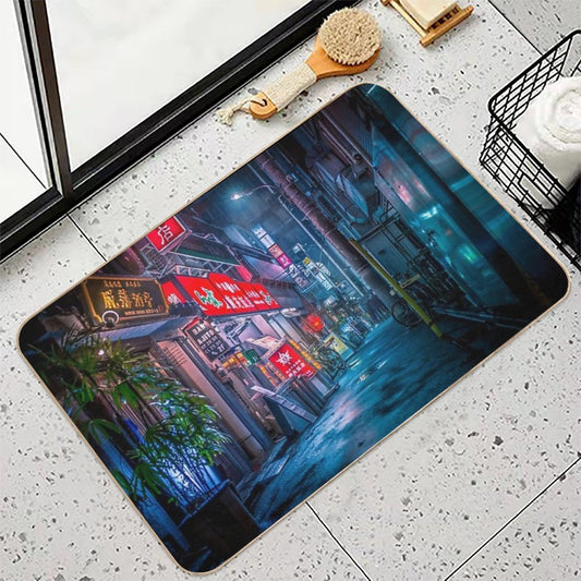 Heavy Rain Over Neo Tokyo Bath Mat