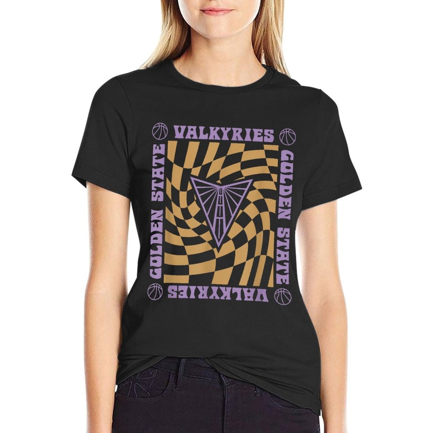 WNBA Golden State Valkyries Retro Wavy Checkerboard Cotton T-Shirt