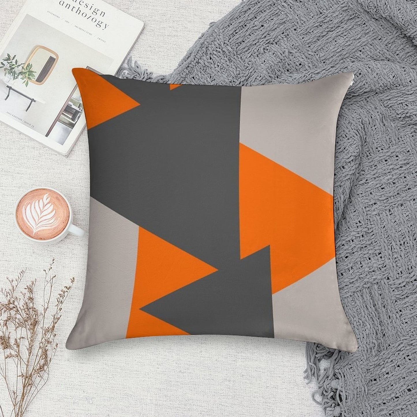Orange And Grey Triangles Soft Luxury Feel Throw Pillow