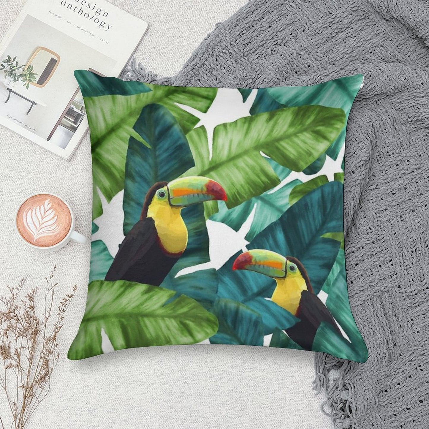 Toucans Tropical Banana Leaves Pattern Soft Anti-Pilling Throw Pillow