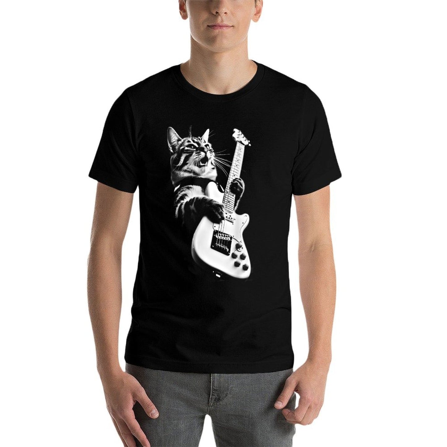 Unknown Designer Rock Cat Playing Guitar - Funny Guitar Cat Tagless Design T-Shirt