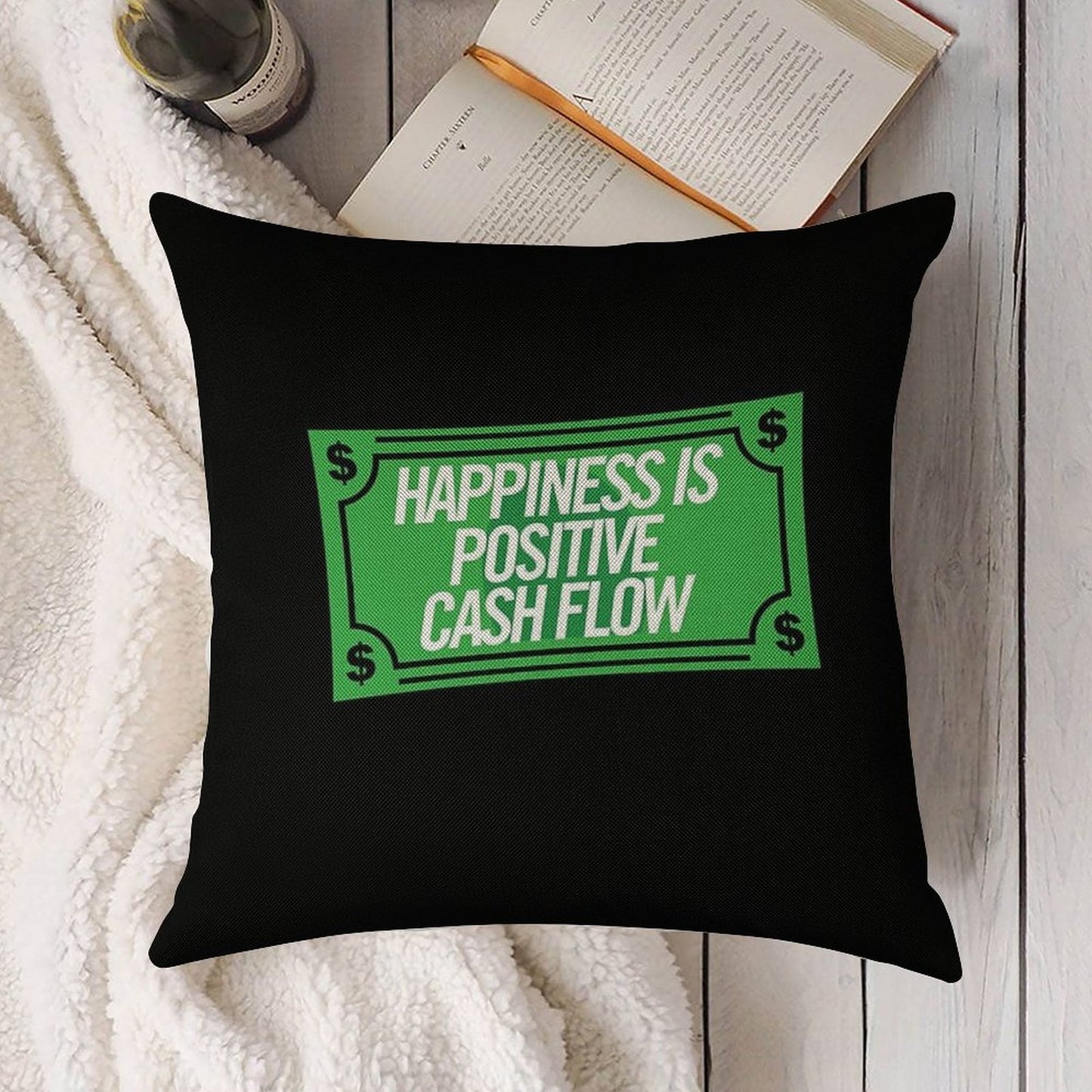 Happiness Is Positive Cash Flow Money Quote Linen Throw Pillow Cover