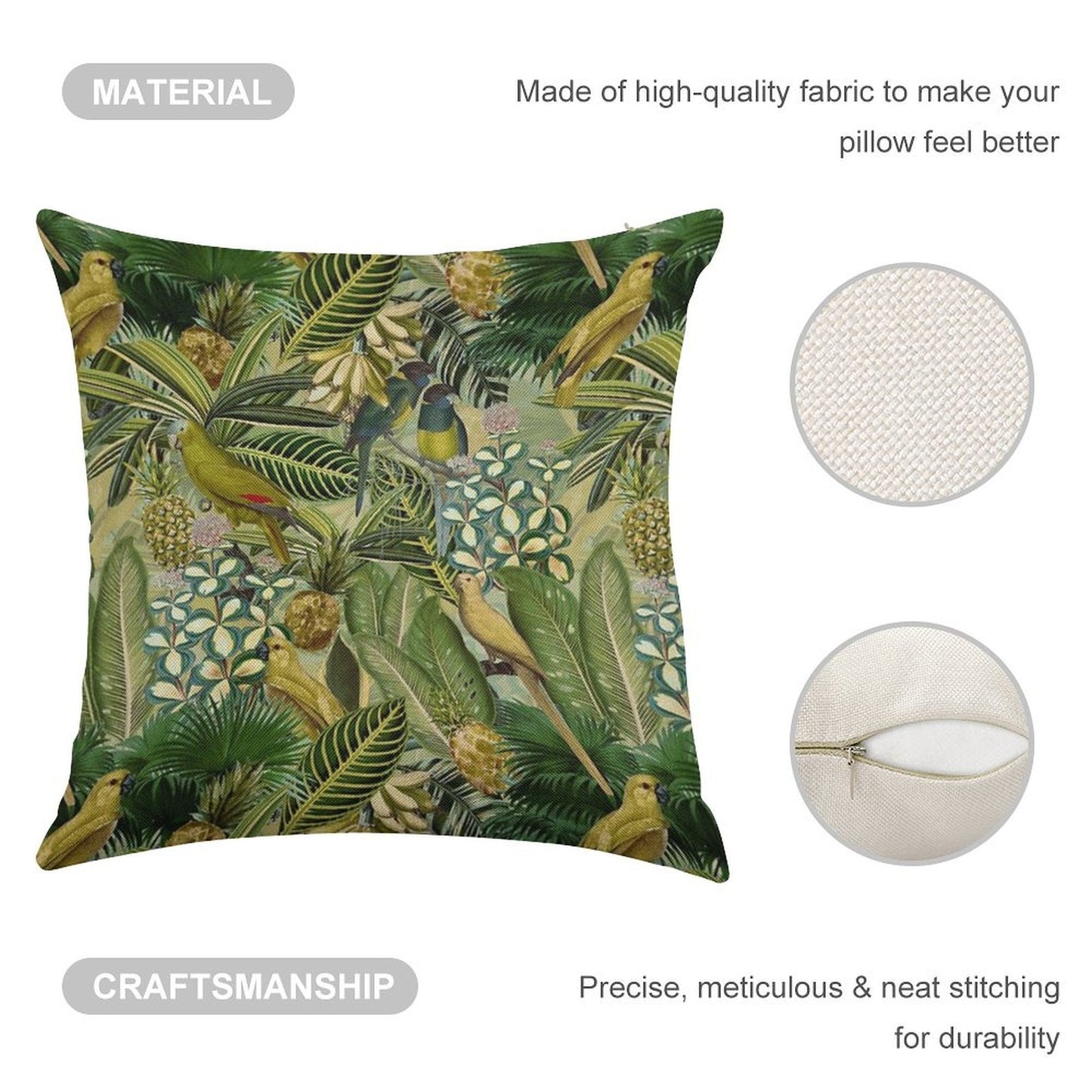 Vintage Green Tropical Bird Jungle Botanical Night Garden Nightgarden Linen Throw Pillow Cover