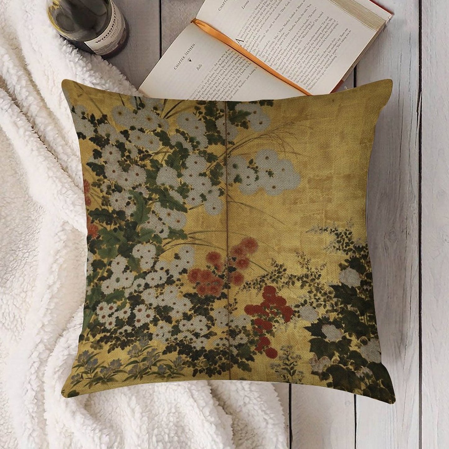 White Red Chrysanthemums Floral Japanese Gold Screen Print Linen Throw Pillow Cover