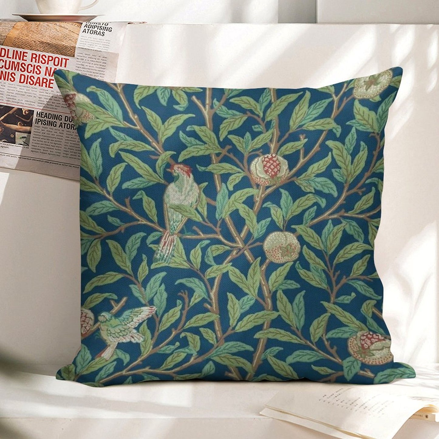 William Morris Pomegranate Fruit And Bird,No,01. Linen Throw Pillow Cover