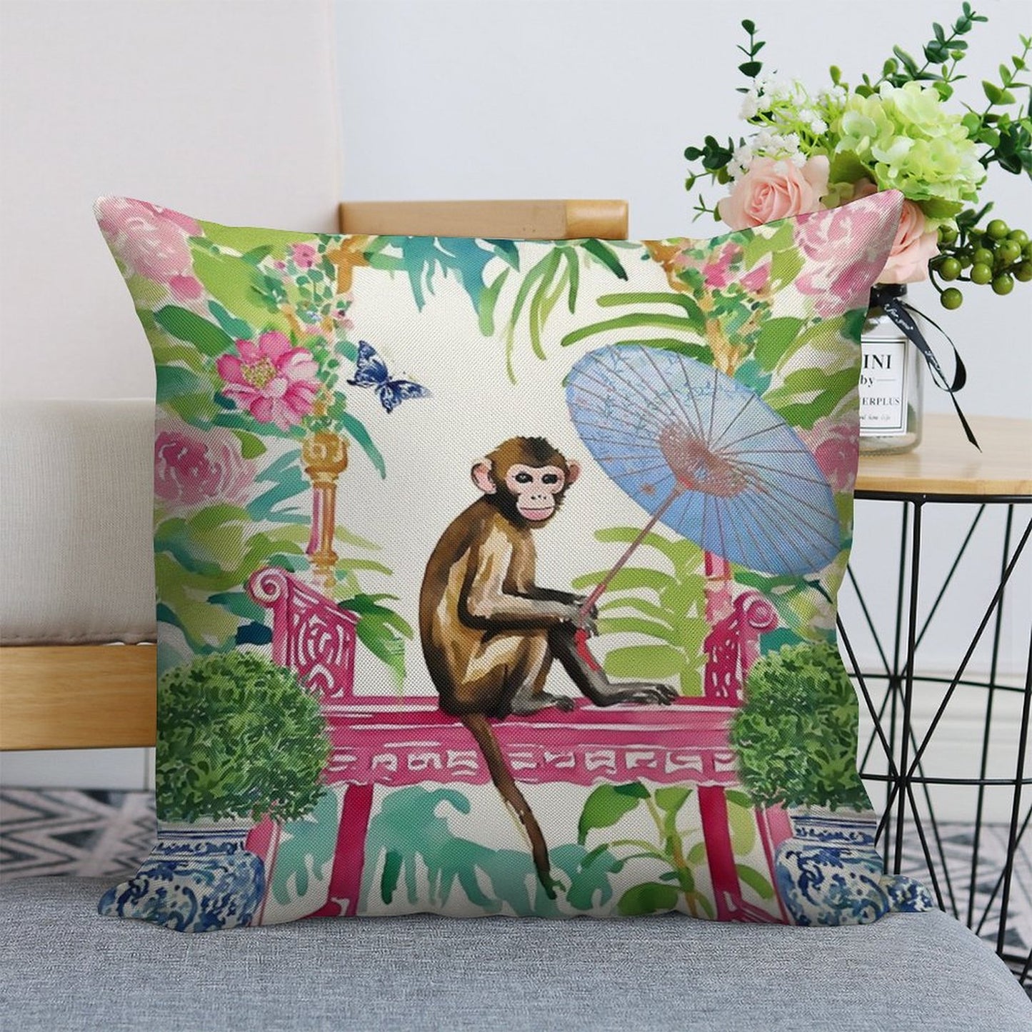 Monkey in Chinoiserie Garden Linen Throw Pillow Cover