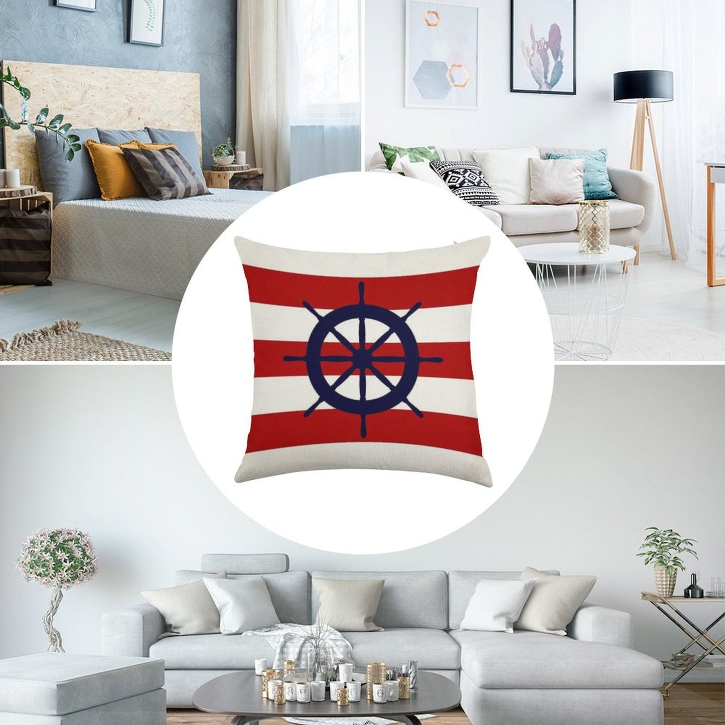 Nautical Navy Blue Ship's Steering Wheel On Red Stripes Linen Throw Pillow Cover
