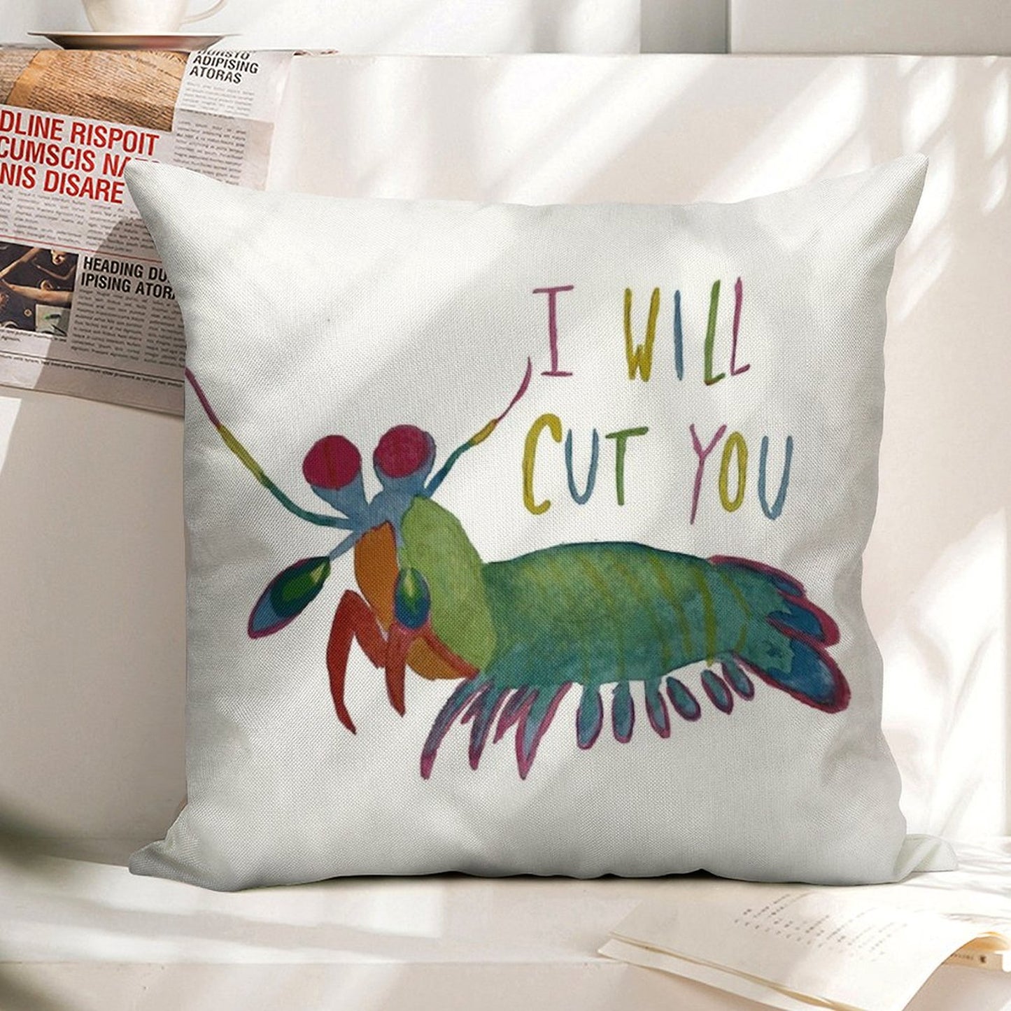 Mantis Shrimp Threat Linen Throw Pillow Cover