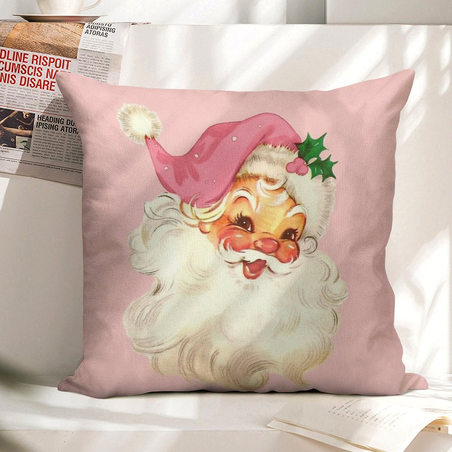 Retro Santa Claus Pink Linen Throw Pillow Cover