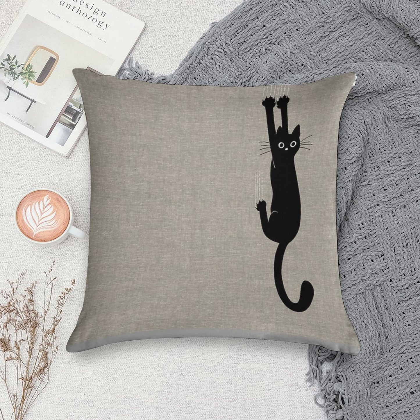 Black Cat Holding On Soft Washable Throw Pillow