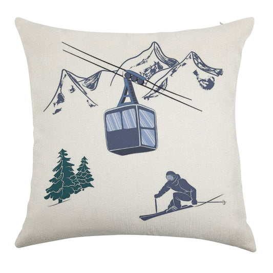 Ski Lift Resort Winter Sports Scene Linen Throw Pillow Cover