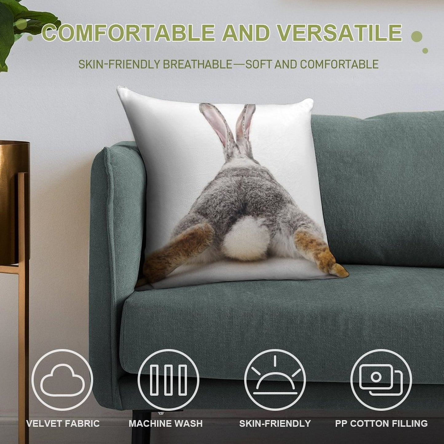 Just Relax Rabbit - View from Behind Soft Washable Throw Pillow