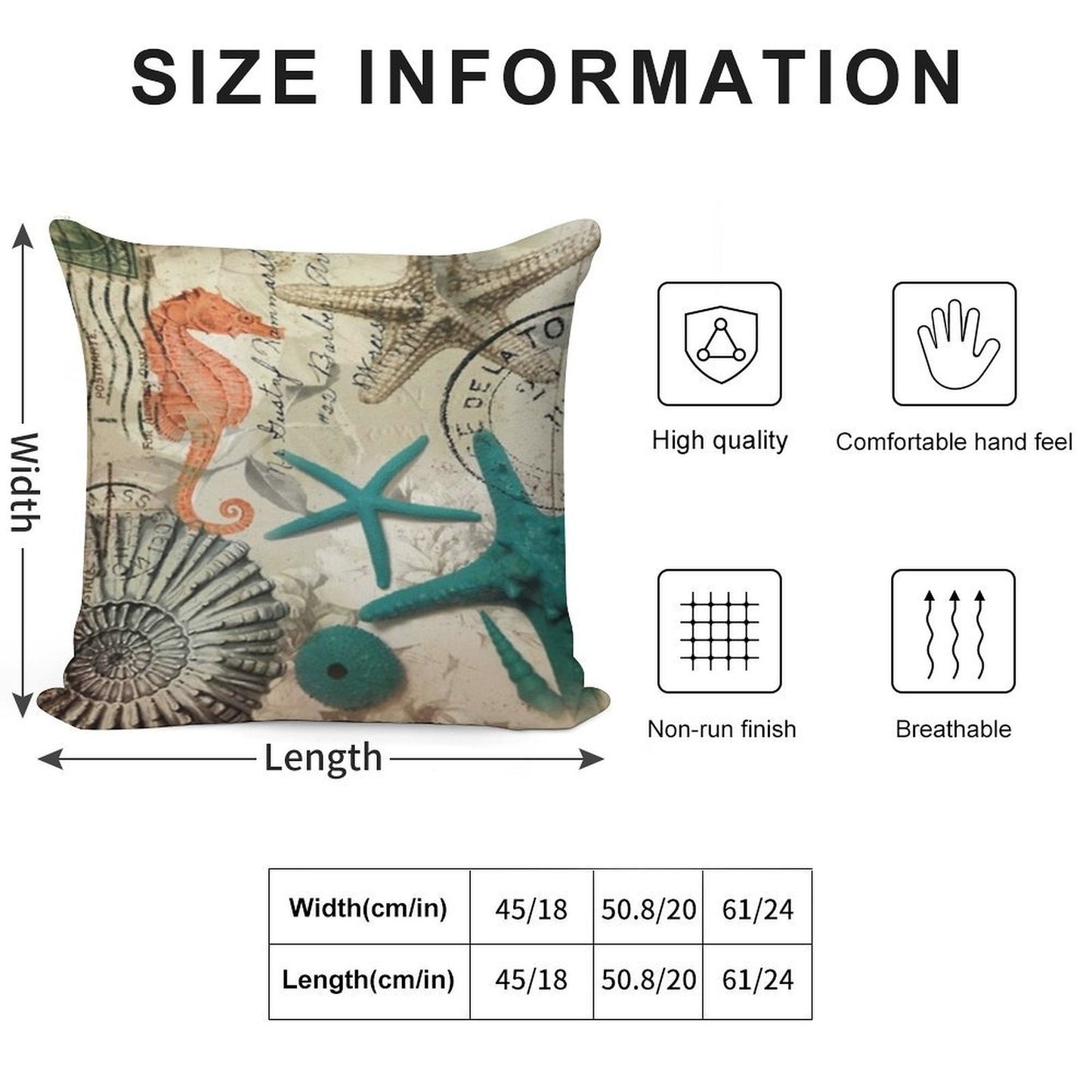 Dark Academia Coastal Seashell Teal Starfish Seahorse Ocean Beach Soft Short Plush Fabric Throw Pillow
