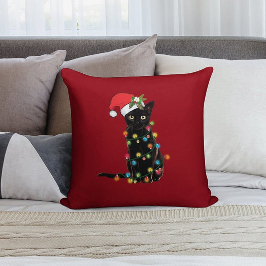 Santa Black Cat Tangled Up In Christmas Tree Lights Holiday Soft Washable Throw Pillow