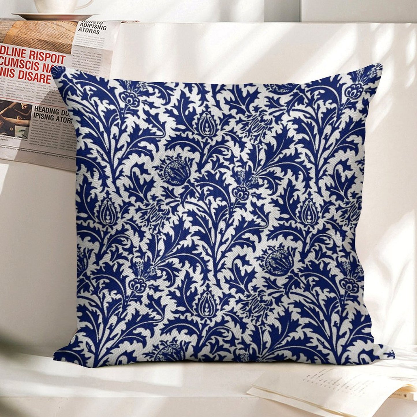 William Morris Thistle Damask, Navy Blue And White Linen Throw Pillow Cover