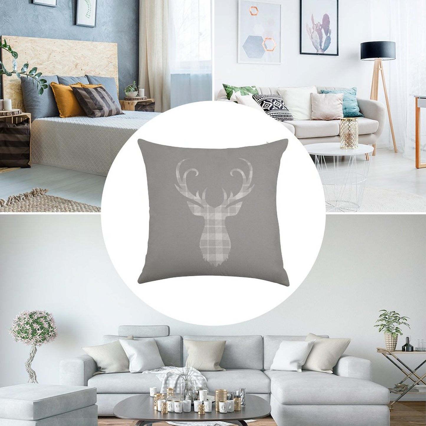 Grey Tartan Stag Head Linen Throw Pillow Cover