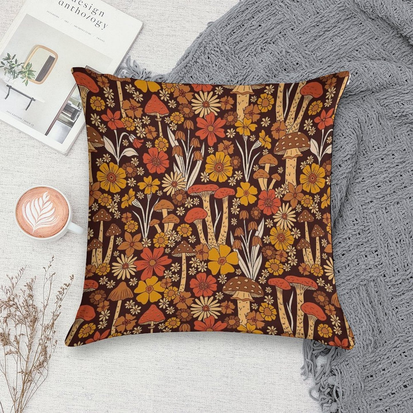 Retro 1970s Brown & Orange Mushrooms & Flowers Soft Anti-Pilling Throw Pillow