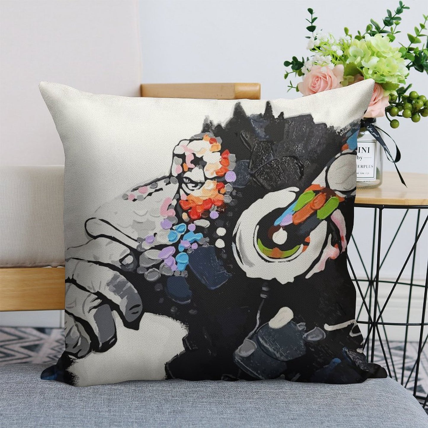 Banksy DJ Monkey Thinker with Headphones White Linen Throw Pillow Cover