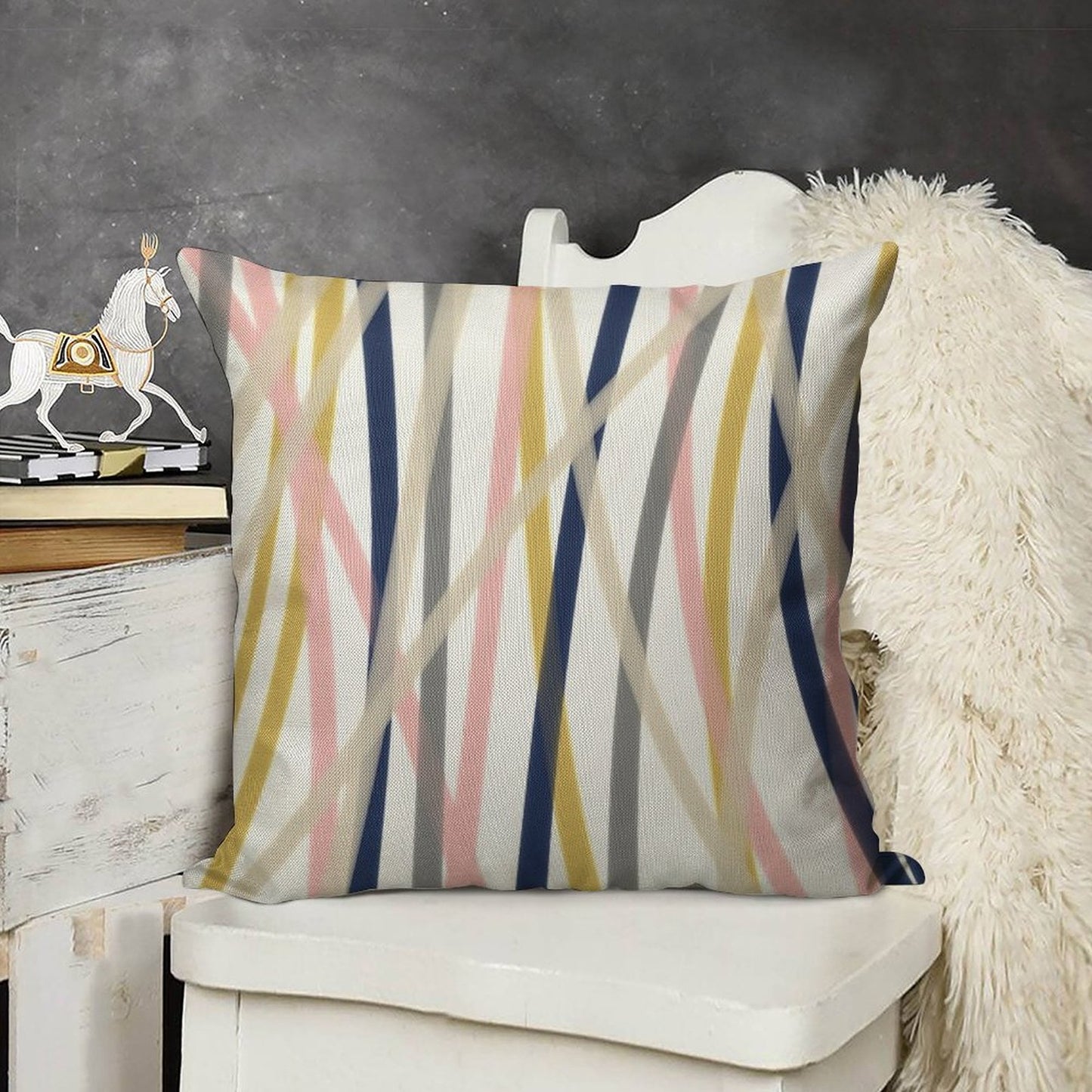 Ribbon Abstract in Mustard Yellow, Blush Pink, Navy Blue, Grey, Almond, And White. Minimalist Modern Linen Throw Pillow Cover