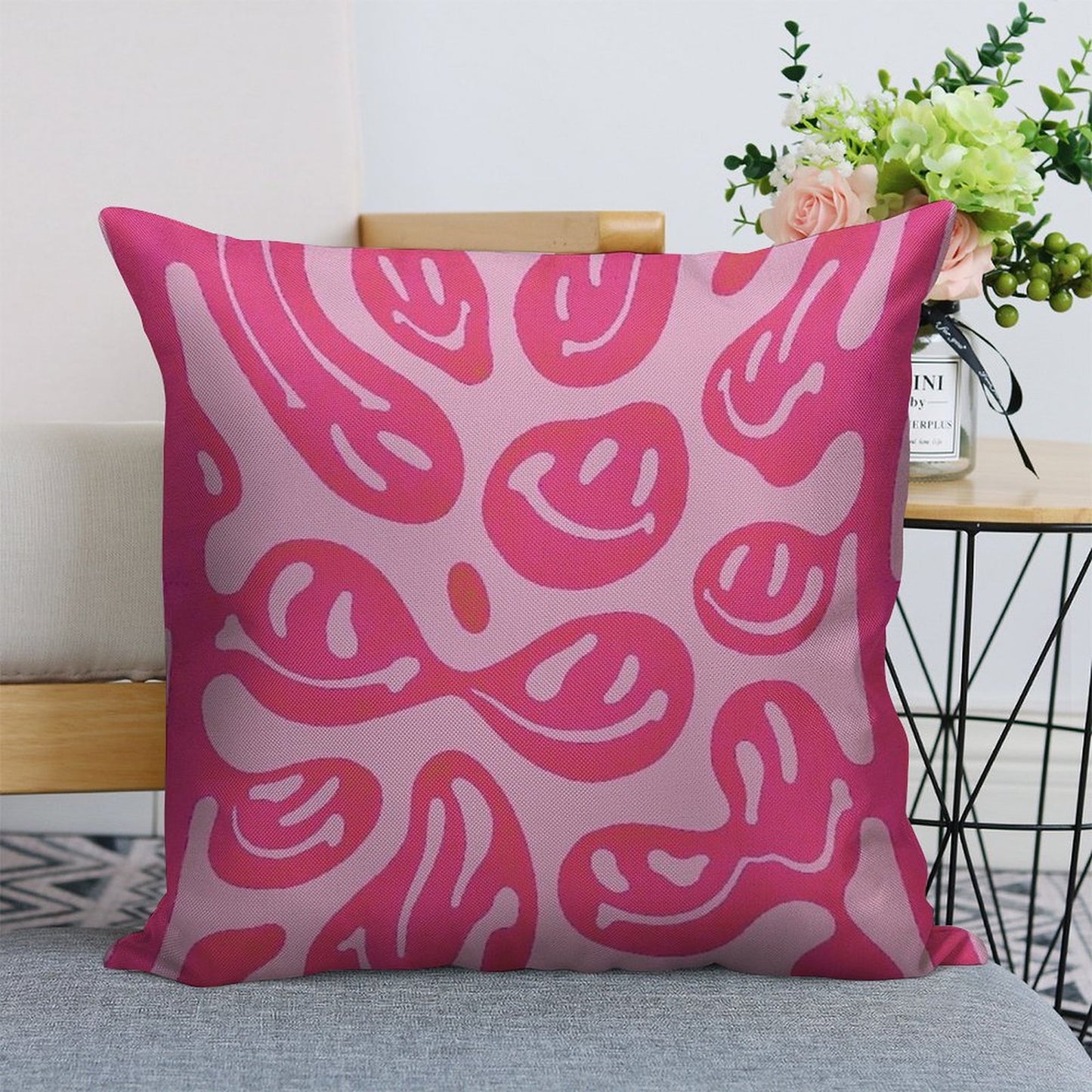 Hot Pink Melted Smiley Face Psychedelic Pattern Linen Throw Pillow Cover