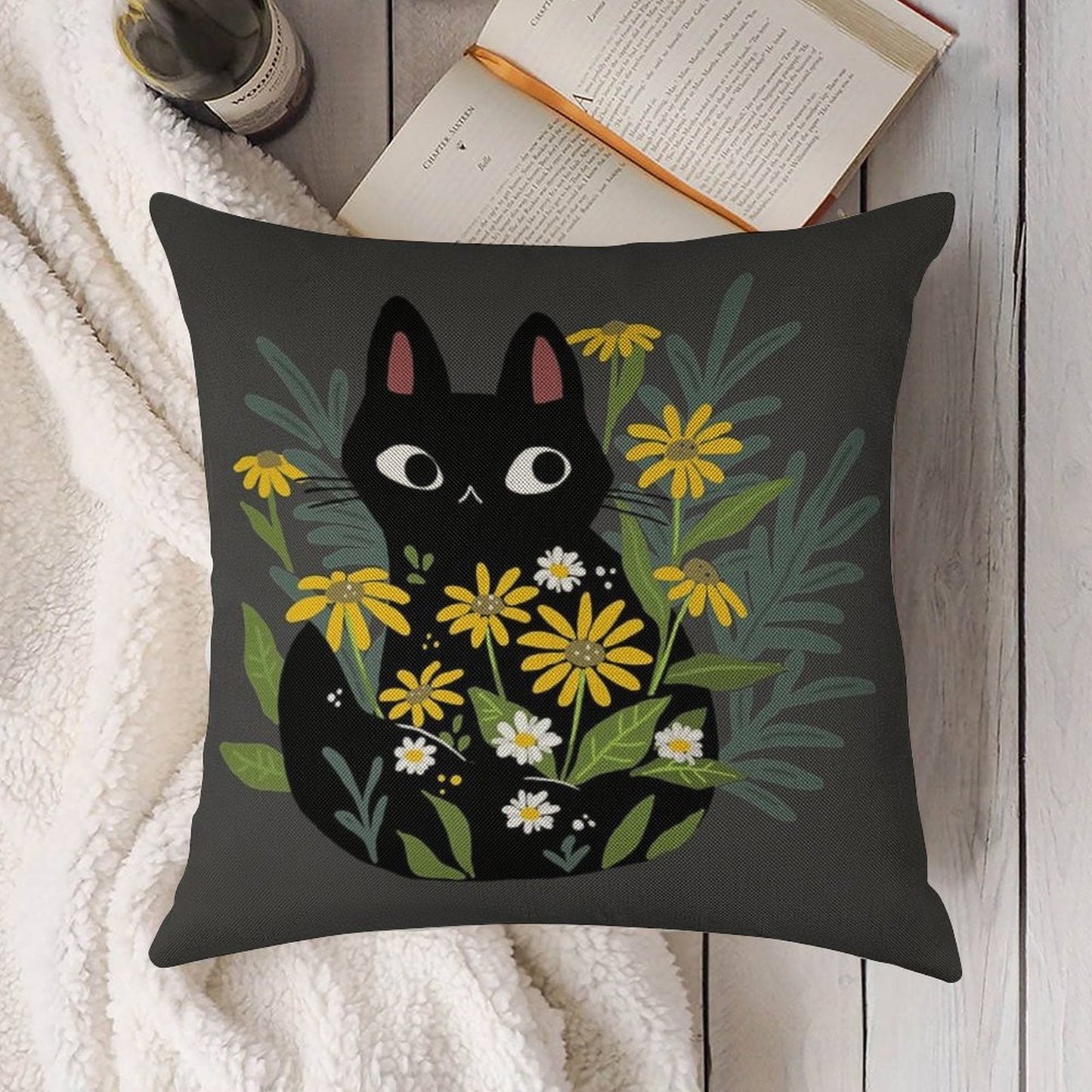 Black Cat with Flowers Linen Throw Pillow Cover