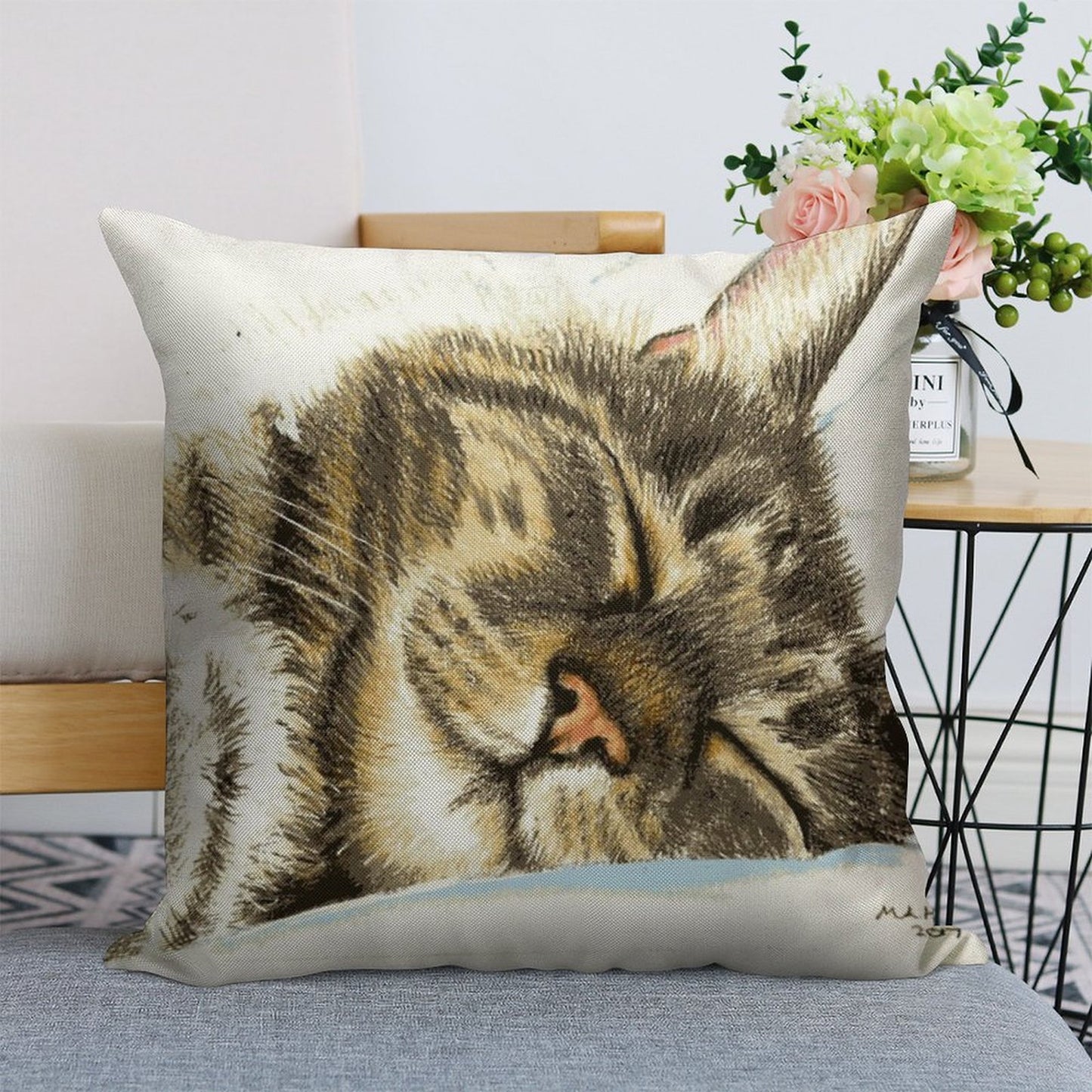 Sleeping Tabby Cat Linen Throw Pillow Cover
