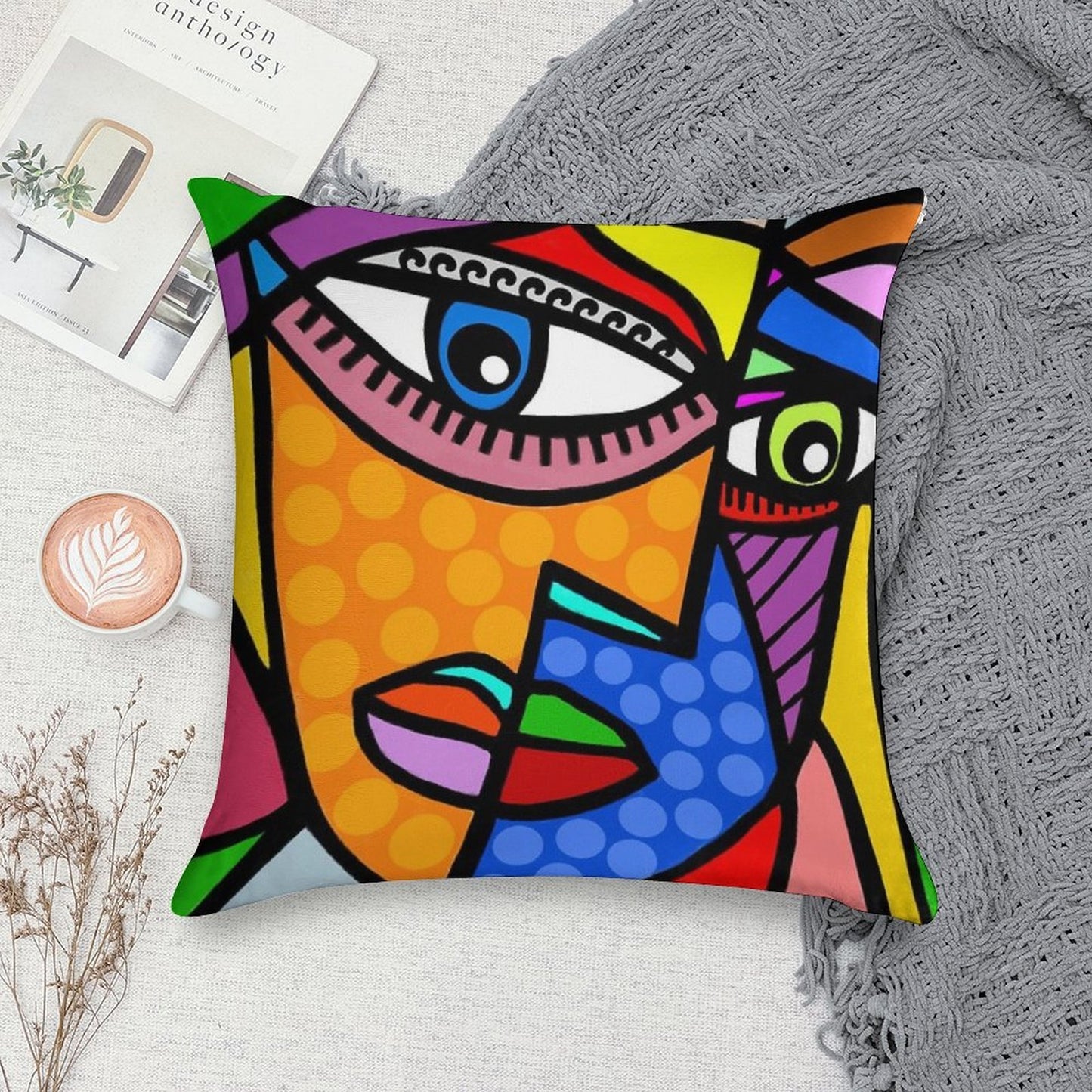 Funky Abstract Style Art Face with Dots And Stripes Soft Anti-Pilling Throw Pillow