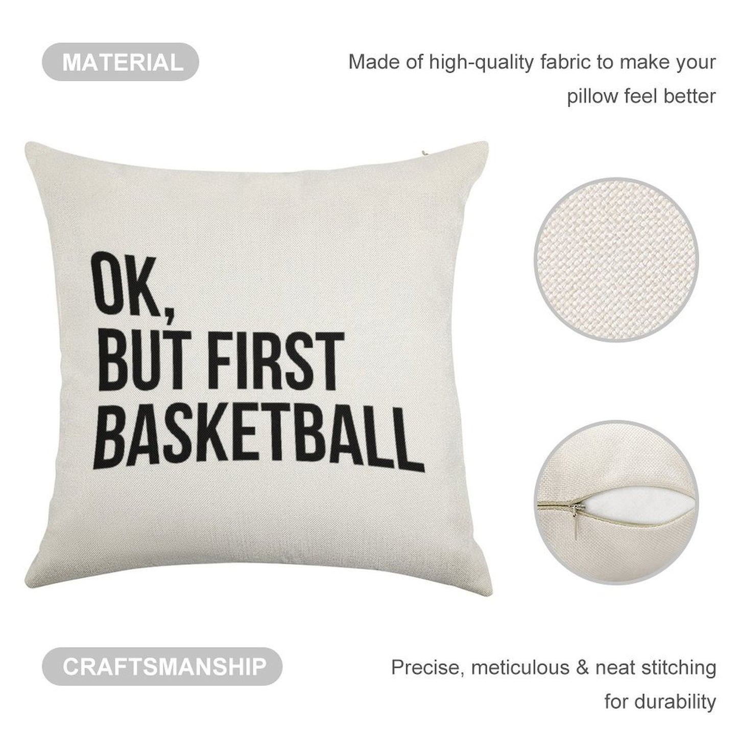 BUT FIRST BASKETBALL Linen Throw Pillow Cover
