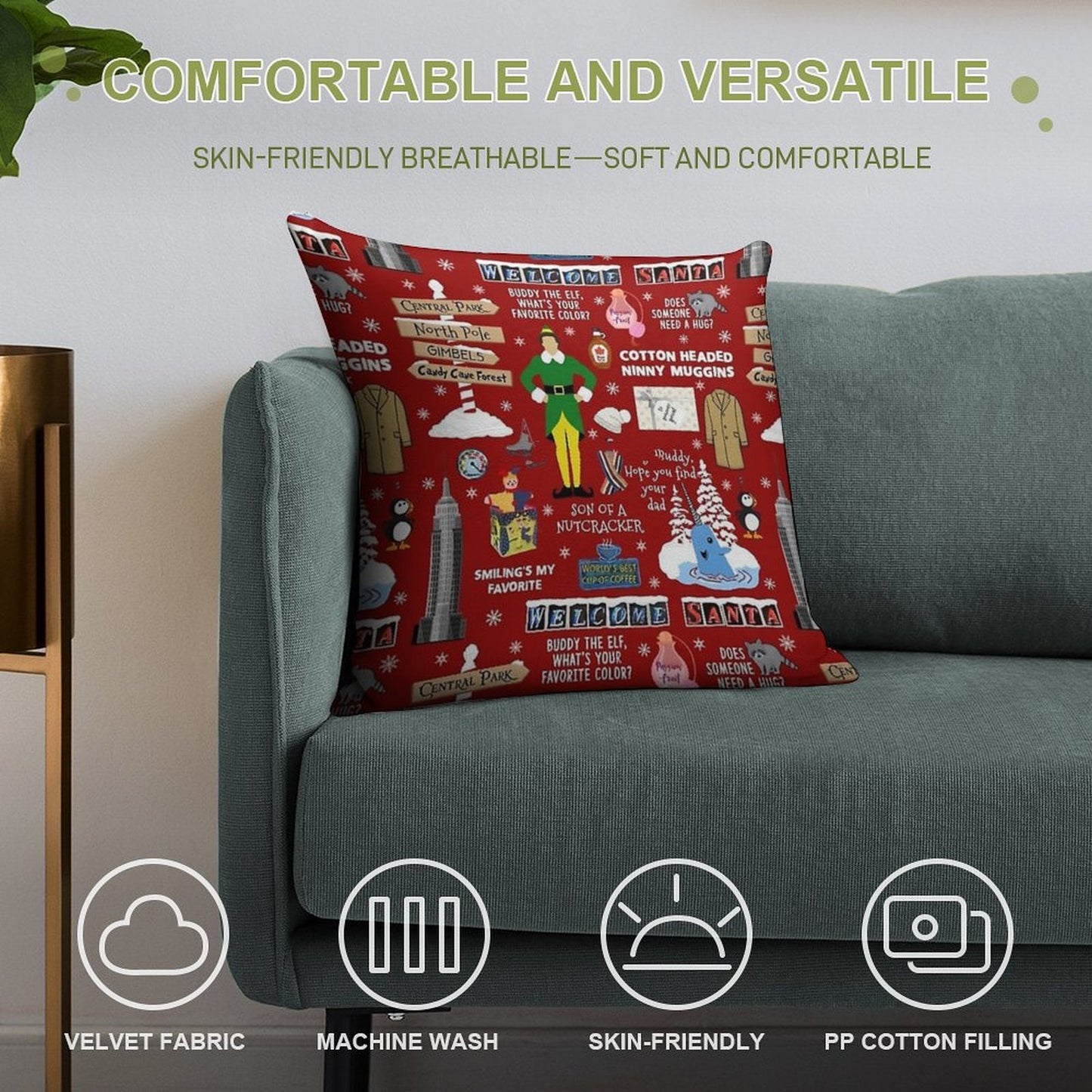 Buddy The Elf Collage, Red Background Soft Ultra-Soft Texture Throw Pillow