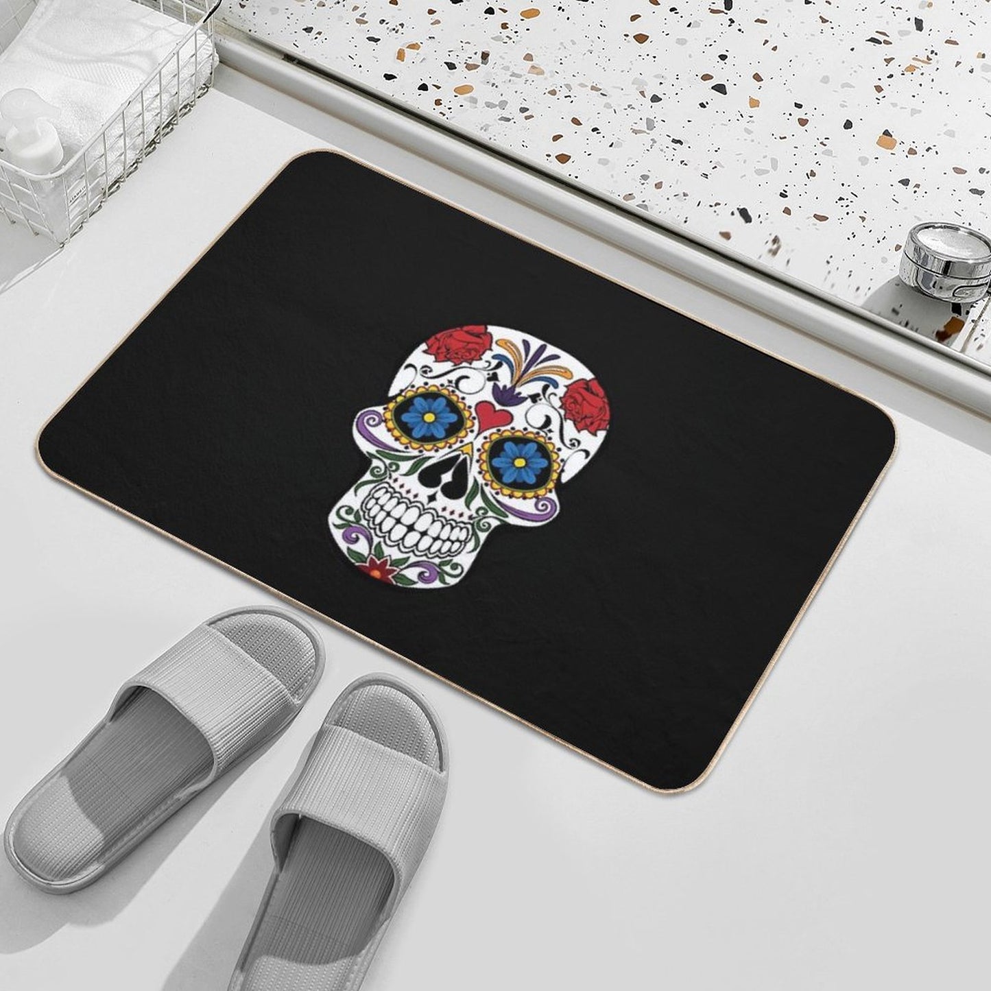 Halloween Skull Floral Rose Bath Mat