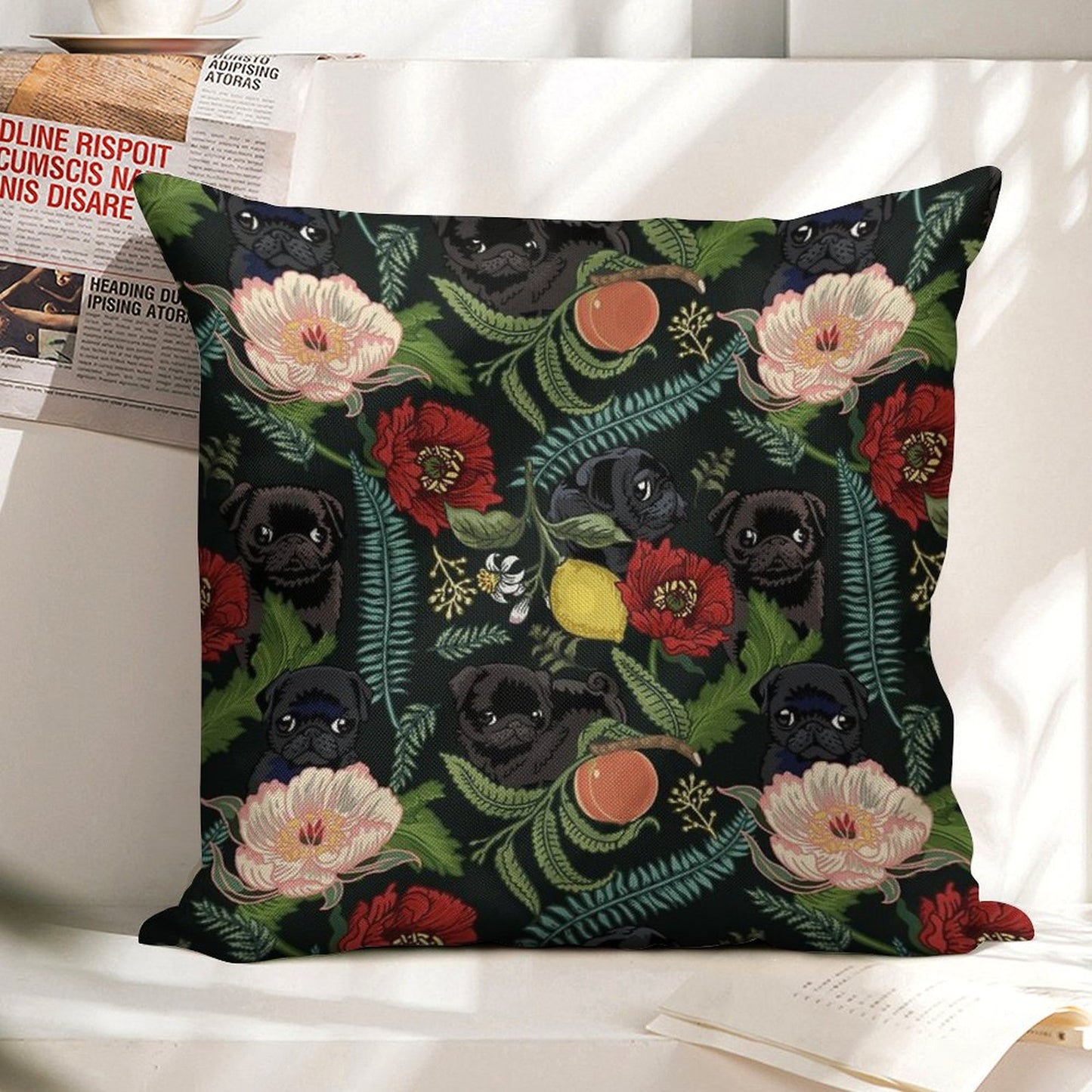 Botanical And Black Pugs Linen Throw Pillow Cover