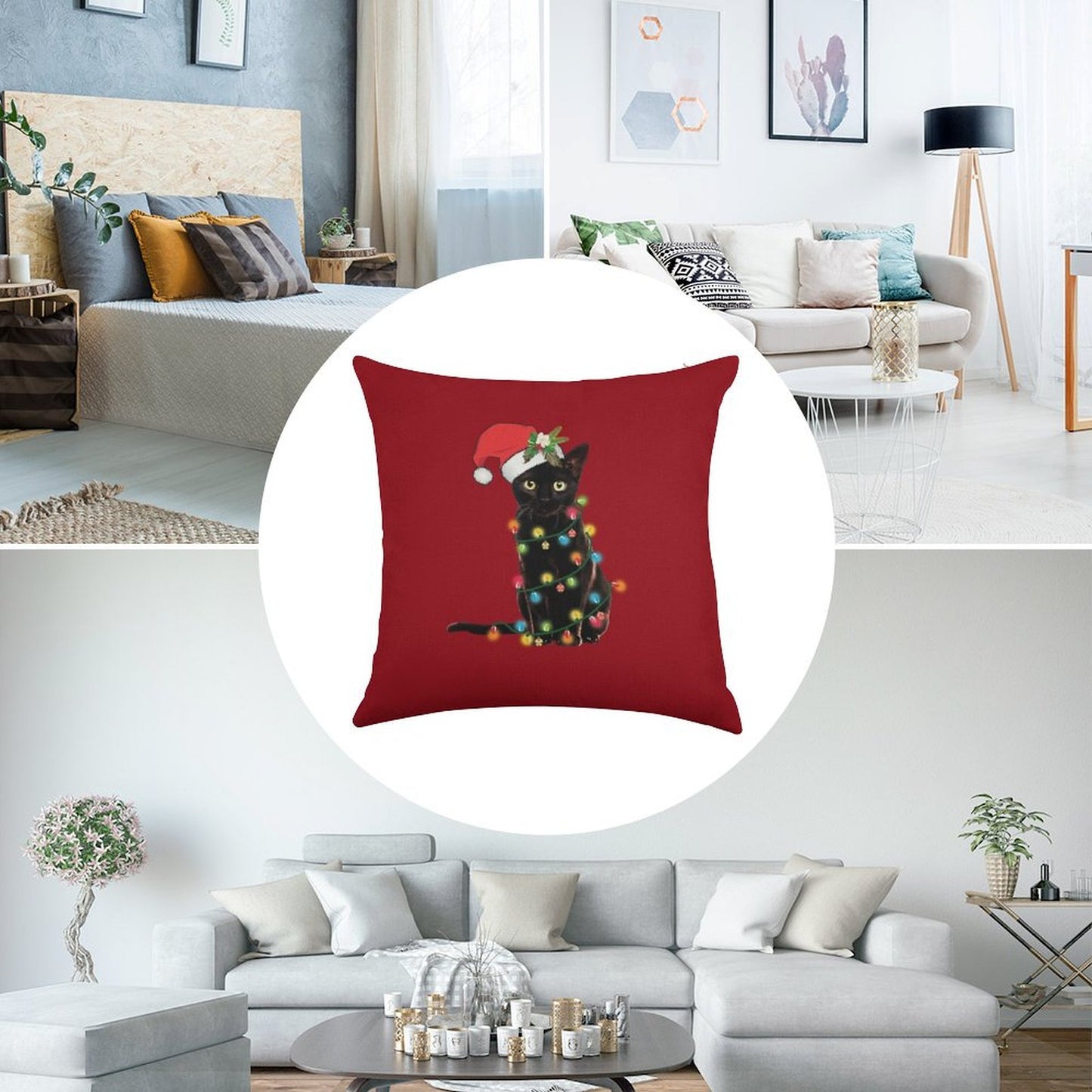 Santa Black Cat Tangled Up In Christmas Tree Lights Holiday Linen Throw Pillow Cover