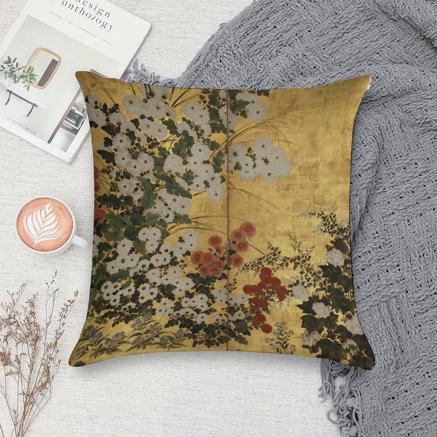 White Red Chrysanthemums Floral Japanese Gold Screen Print Soft Reinforced Edging Throw Pillow