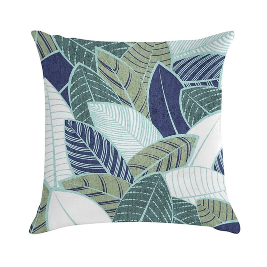 Leaf Wall  Navy Blue Pine And Sage Green Leaves Mint Lines Soft Gift Ready Throw Pillow
