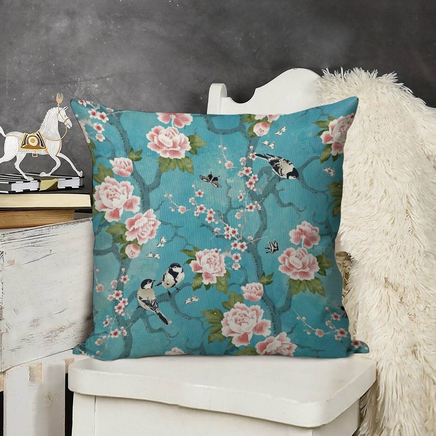 Chinoiserie Birds in Turquoise Blue Linen Throw Pillow Cover