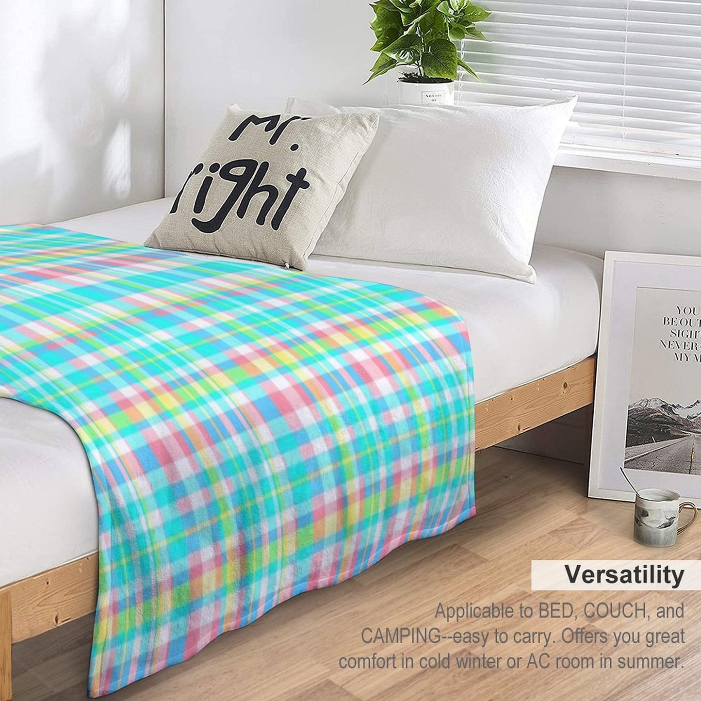 Pastel Aqua Blue Pink Yellow Plaid Spring Preppy Throw Blanket