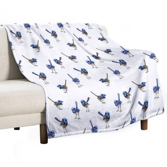 Blue Wrens, Scattered on White Throw Blanket