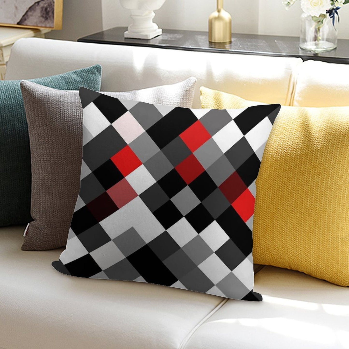 Bold Block Black White Red Diagonal Pattern Soft High-Density Material Throw Pillow