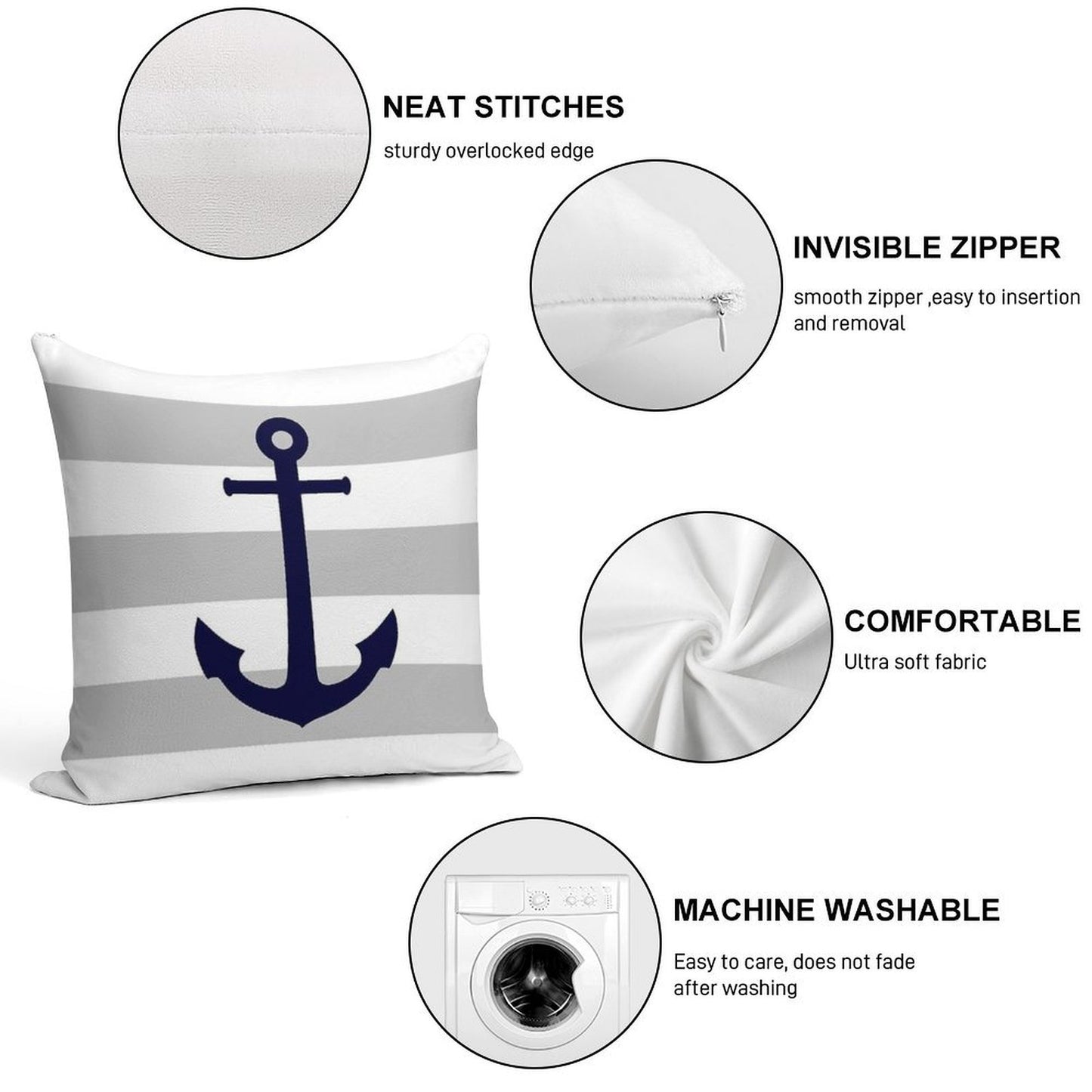 Nautical Navy Blue Anchor On Gray Stripes Soft Ultra-Soft Texture Throw Pillow