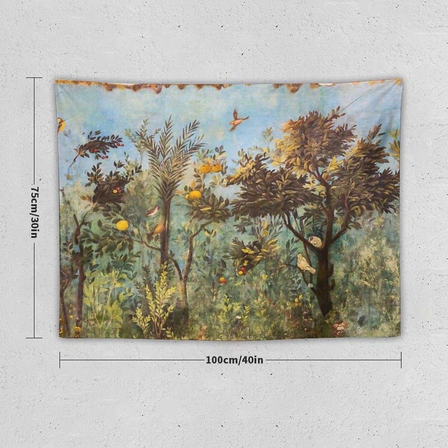ANTIQUE ROMAN WALL PAINTING Flower Garden Flying Birds ,Quince And Apple Trees Tapestry