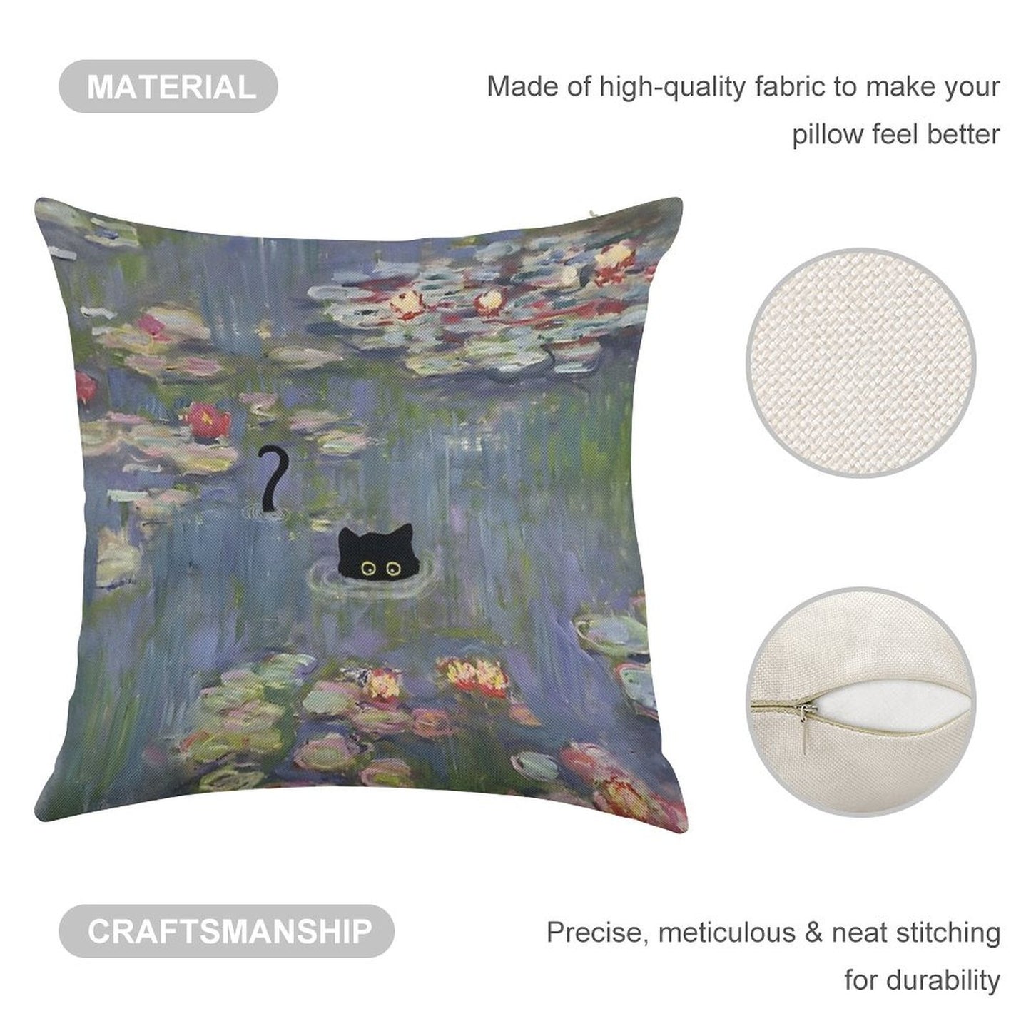 Cat Monet Waterlily Linen Throw Pillow Cover